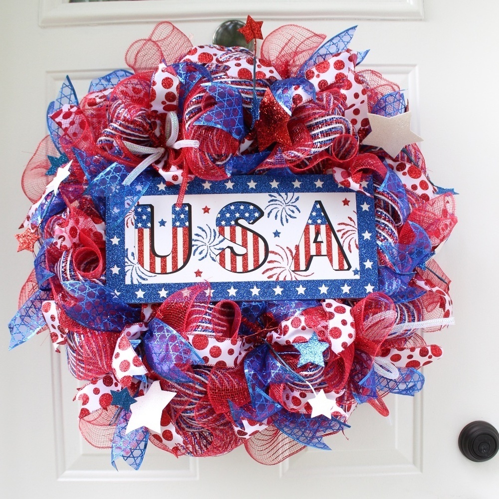 Memorial Day Wreath for Front Door, 4th of July Wreath, Patriotic Barbecue Flag